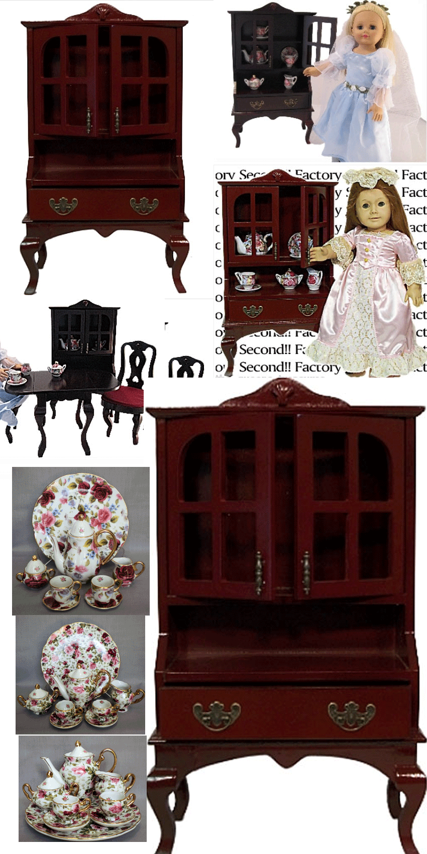 Викторианский посудный шкаф для средних кукол от 40 до 65 см